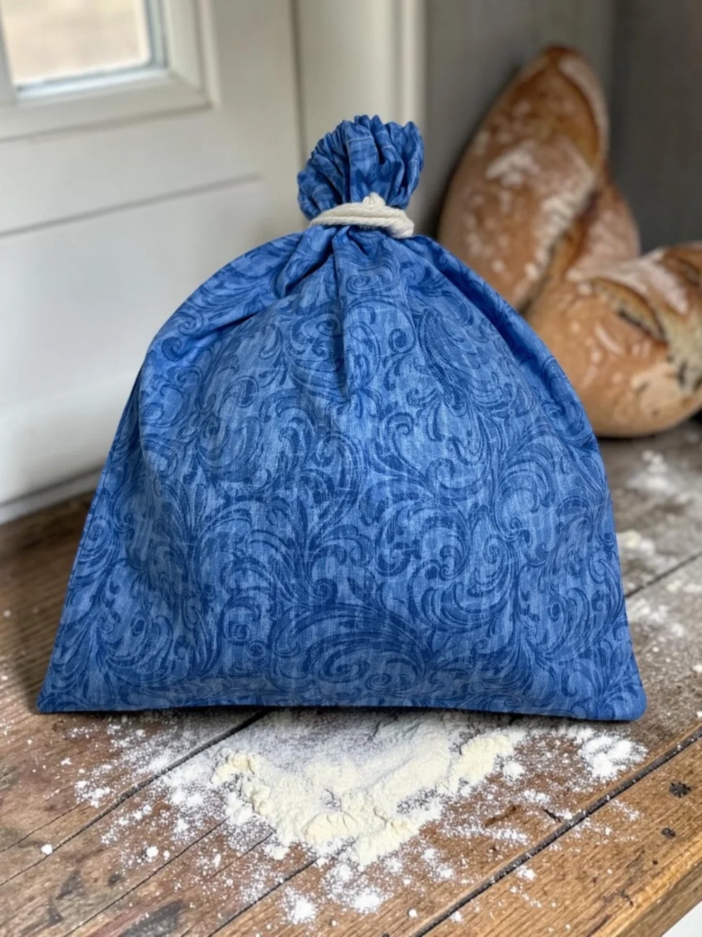Marine Blue Swirl Leaf Design Cotton Bread Bag, Organic Reusable Sourdough Bag